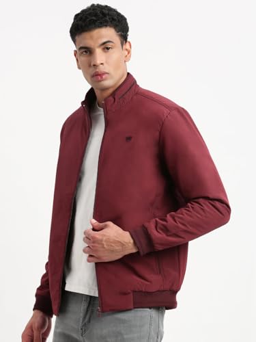 Image of SHOWOFFFF Men Solid Bomber Jacket | Mock Collar Full Sleeves Nylon Jacket for Mens | Slim Fit Regular Length Jacket for Men's