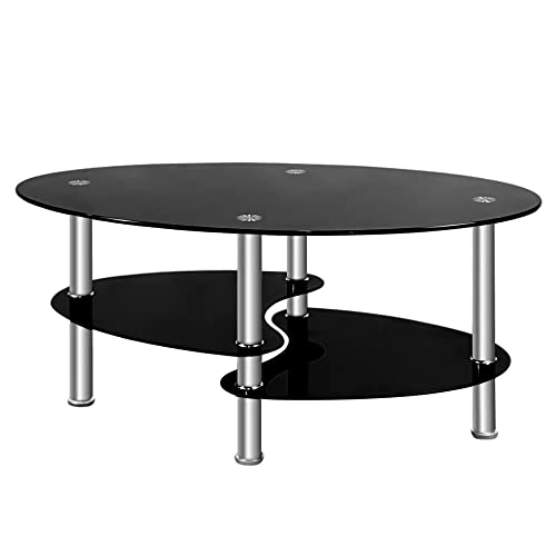 Bonnlo Table Basse Moderne, Table Ovale en Verre Trempé, 90x50x45cm Noir