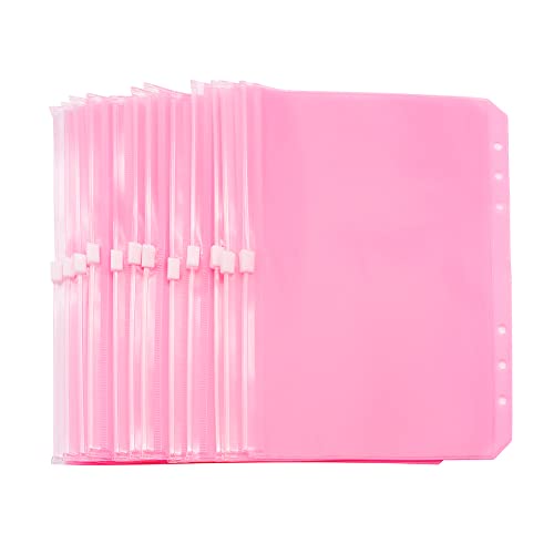 Pink A5 Binder Pockets 12pcs Zipper Cash Envelopes Pouch Loose Leaf Bags 6 Holes PVC Zip Organizer Folder for Planner Journal Budget Filing