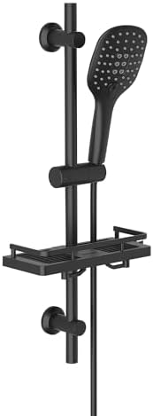 Görbach Edelstahl Duschstange mit Brause, Brausestangeset 70 cm Schwarz | 3 Strahlarten Duschkopf mit schlauch und halterung, passend für vorhandene Bohrlöcher, XXL Duschablage ohn