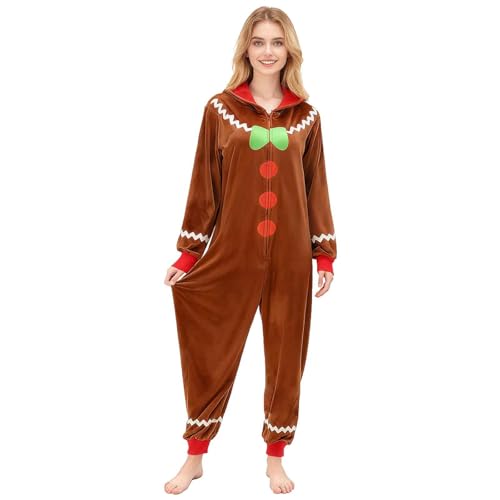 ZZXIAOJIE Gingerbread Onesie Unisex Christmas Hooded Adult Cotton Warm Long Sleeve Zipper Pajamas Sleepwear with Pockets Brown