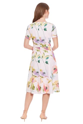 Image of London Times Women's Women's A-line Midi Dress - Short Sleeve Fitted Waist with Bow Detail - Versatile Floral Dresses