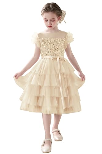 Sequin Flower Girl Dresses for Wedding Layered Tulle Princess Pageant Ball Gown Short Sleeves Formal Birthday Party