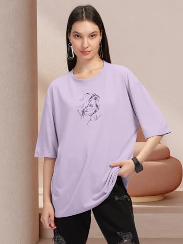 Image of HELLCAT Beige Trendy Printed Oversized T-Shirt for Women