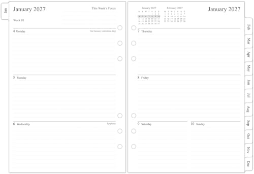 Orgnizme 2027 Diary Refill A5 Size, Week on Two Pages, Monthly Tabs, Filofax A5 Compatible