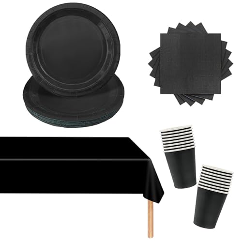 Conjunto de louça de papel preto de 53 peças, louça para festa de Natal, conjunto de louça preto, toalha de mesa retangular, pratos de papel, guardanapos, copos de papel para aniversários, casamentos,