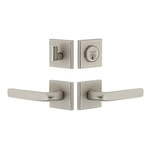 Satin Nickel Quadrato Hammered Rosette Bella Lever and Matching Deadbolt, Backset: 2-3/8" - Viaggio 629806