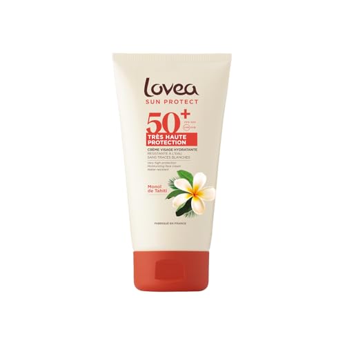LOVEA - Crème Visage Hydratante FPS 50+ Très Haute Protection UVA-UVB - Monoï de Tahiti - Visage - Résiste à l'eau - Anti-Traces Blanches - Testé sous Contrôle Dermatologique - Fabriqué en France 50ml