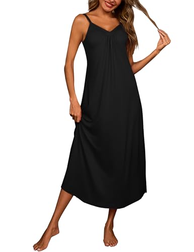 Bresdk Chemise de Nuit Femme Longue Nuisette Col en V Vêtements de Nuit sans Manches Ete, Noir, XL