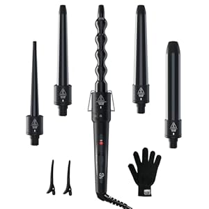 5 in 1 Curling Wand Set: Ohuhu Curling Iron Wand 5Pcs 0.35 to 1.25 Inch Interchangeable Ceramic Barrel Heat Protective Glove 2 Clips Dual Voltage Hair Curler for Girl Women Mother Christmas Gift Black