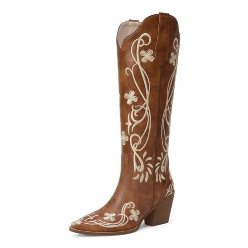 iiimmu Cowgirl Boots Women Knee High Vintage Cowboy Boots with Floral Embroidered Classic Pull On Design Western Footwear