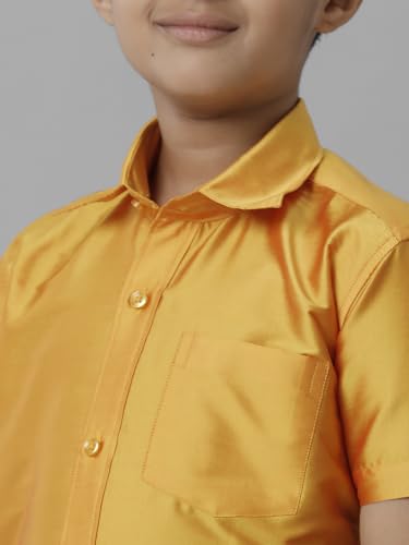 Image of RAMRAJ COTTON Boys Silk Cotton Shirt With Adjustable Cream Dhoti Perfect For Ceremonies| Festivals| And Special Occasions