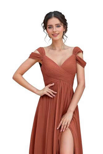 Women's Off The Shoulder Bridesmaid Dresses Long for Chiffon Formal Evening Party Gown with Slit3