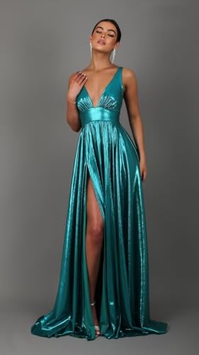 Fivsole Metallic Long Prom Dresses for Women 2024 with Slit Satin Ball Gown Saprkly Formal Evening Party Gowns2