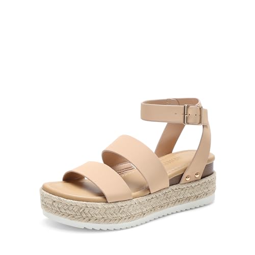 DREAM PAIRS Strappy Espadrille Platform Wedge Sandals for Women Dressy Summer, Comfortable Open Toe Sandals with Cushioned Insole and Ankle Strap Buckle 7 Nude Nubuck