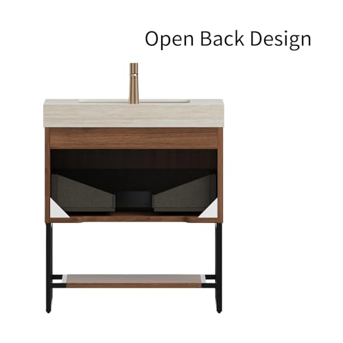 Image of 30 inch Freestanding Bathroom Vanity with Sink, Bathroom Vanity with Sintered Stone Top & Undermount Ceramic Basin, Pre-Assembled Striped Bathroom Storage Cabinet with Drawer & Open Shelf, Walnut