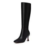 Athlefit Black Knee High Boots for Women Kitten Heel Square Toe Tall Boots Fashion Stiletto High Heel Dress Booties Size 8.5