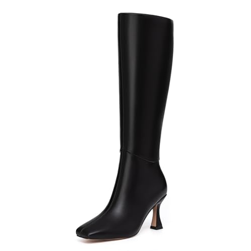 Athlefit Black Knee High Boots for Women Kitten Heel Square Toe Tall Boots Fashion Stiletto High Heel Dress Booties Size 7