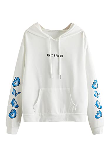 SOLY HUX Women s Letter Butterfly Print Long Sleeve Hoodie Pocket Top Sweatshirt White S