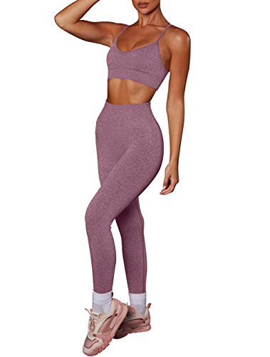 OLCHEE Womens Workout Set 2 Piece Tracksuit - Seamless High Waist Leggings and Stretch Sports Bra Yoga Outfits - Purple Size M