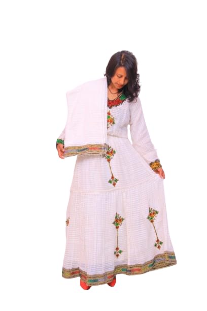 Ethiopian/Eritrean Traditional Habesha (kemis) Dress with Tilet (የሐበሻ የሐገር ባህል ልብስ). White