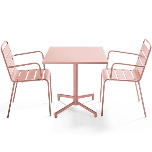 Oviala Ensemble Table 70 cm et 2 fauteuils de Jardin en métal Rose poudré - Palavas