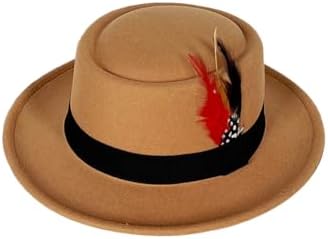 Wool Felt Fedora Hats for Women Men, Wide Brim Flat Top Hat Porkpie Hat, Jazz Hat with Feather Unisex