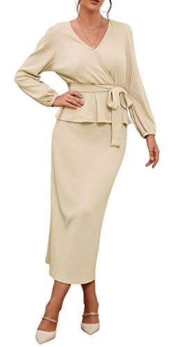 CHARTOU Women 2 Piece Knit Skirt Set Office Work Peplum Sweater Skirt Set Outfits with Belt3