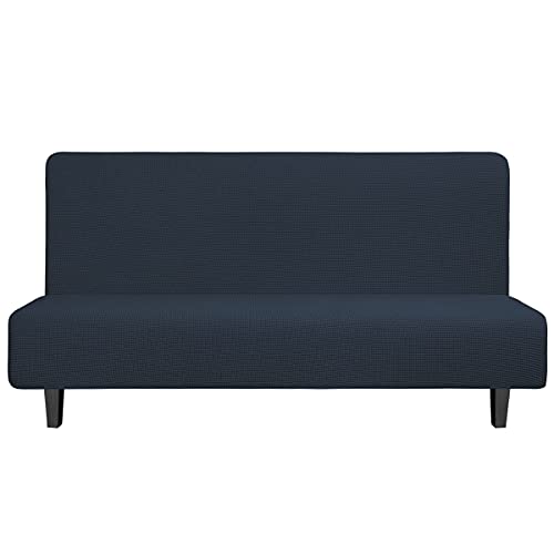 Image of Easy-Going Stretch Large Futon Slipcover Armless Futon Cover Dark Blue | Sofa Bed Furniture Protector Without Armrests with Elastic Bottom for Kids, Soft Jacquard Machine Washable