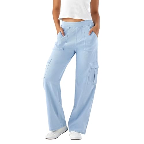QKU Women's Wide Leg Cargo Pants, Light Blue, High Waisted, Casual Cotton Blend