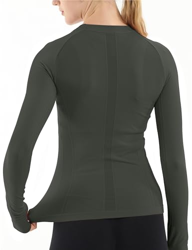 Image of MathCat Seamless Workout Shirts for Women Long Sleeve Yoga Tops Sports Running Shirt Breathable Athletic Top Slim Fit XS-XL Moss Green