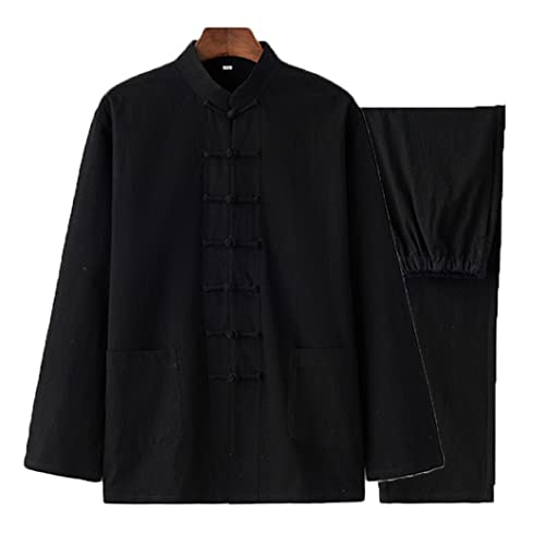 QPZK Baumwolle Leinen Tai Chi Uniform Kung Fu Anzug Chinesisch Traditionelle Kleidung Tang Anzug Herren Kampfkunst Jacke Atmungsaktiv Langarm Mantel Tops Zen Meditation Uniform, Schwarz, 3XL/4XL