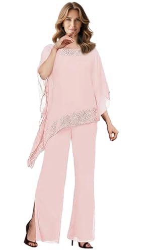 Conjunto de 3 piezas de pantalón de gasa para mujer para madre de la novia, traje de pantalón de boda con chaqueta, rosa pastel, 48