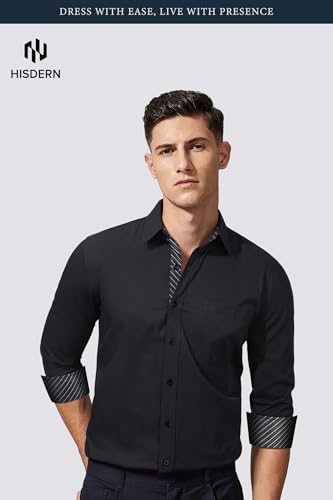 Image of HISDERN Mens Business Dress Shirts Long Sleeve Casual Button Down Shirt Formal Inner Collar Contrast Shirt for Men Wedding