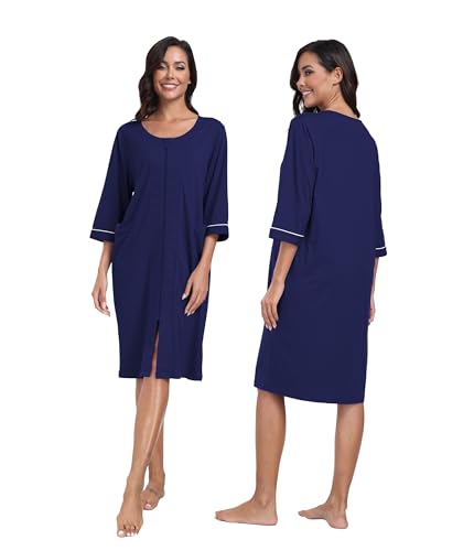 CF Women's 100% Cotton Zipper Robes 3/4 Sleeve Loungewear Knee Length Housecoat Lightweight Zip Up Nightgowns with Pockets2