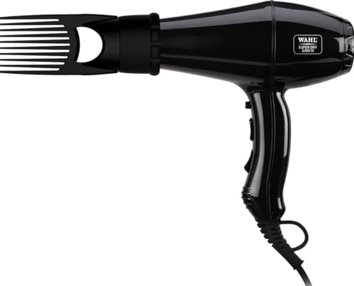 Wahl WPHD4-0024 Super Dry Professional 2400 Watts Styling Hair Dryer with Ionic Technology, Powerful airflow 16 m/s, Secondary thermal fuse, Removable filter, Cool Shot Button Black, 2 Concenrators, 1 Diffuser & 1 Pik for Styling, WPHD4-0024