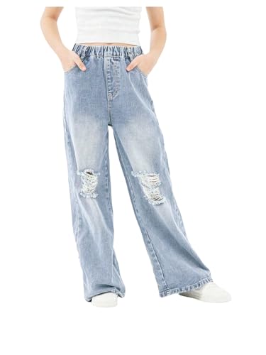 WDIRARA Girl's Elastic Waist Ripped Jeans Distressed Wide Leg Denim Pants