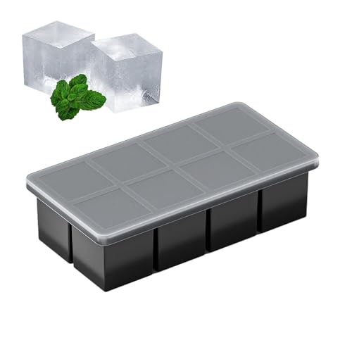 Image of 1PECK Large Ice Cube Tray with Lid, 8 Grid Stackable Big Silicone Square Ice Cube Mold for Whiskey Cocktails Bourbon Soups Frozen Treats, Easy Release BPA Free(Black) (1PCS Black -8 Grid)