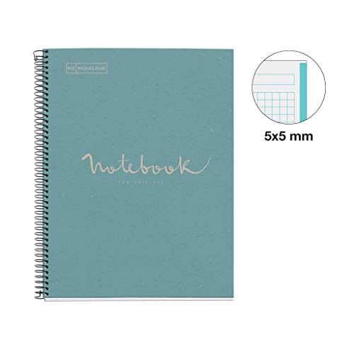 Miquelrius - Recycled notebook A4, 80 sheets of 80 g/m², 5 x 5 mm grid, recycled paper (post-consumer recovery), 1 colour strip, 4 drills, recycled cover, eco blue2