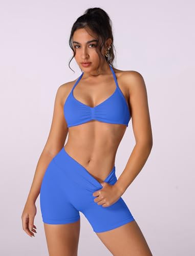 Image of ABOCIW Womens Seamless Workout Sets 2 Piece Strappy Halter Sports Bra Scrunch Butt Shorts Gym Yoga Outfits
