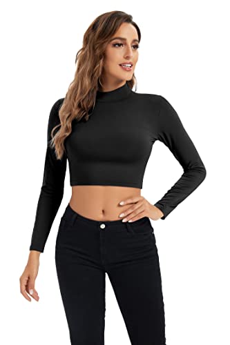 Image of Womens Long Sleeve Crop Tops Lightweight Mock Neck Base Layer Shirts