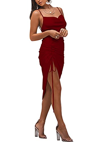 Image of LYANER Women's Satin Spaghetti Straps Cowl Neck Sexy Ruch Cocktail Midi Dresses