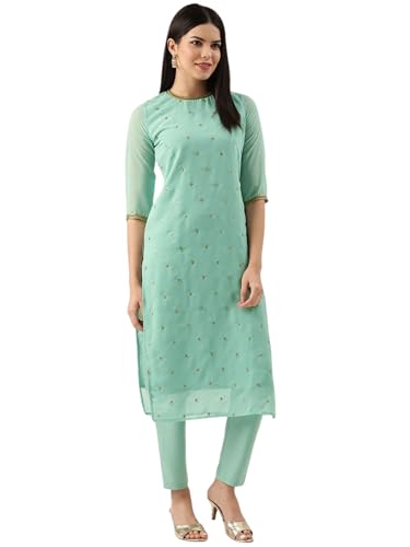 Image of Saanjh Women's Faux Georgette Embellished Printed Straight Kurta with Bottom||Kurta Set