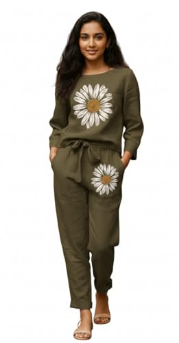 Image of White Button new Girls sunflower Daisy Print Flax Cotton Co-ord Set - Breathable Summer 2-Piece Outfit