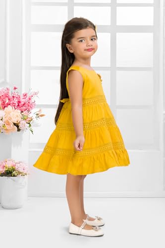 Image of Soft Cotton Lace Work Knee Length Fit & Flare Dress for Kids & Girls, Flower Embellished Frock for Casual & Special Occasion