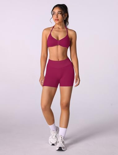 Image of ABOCIW Womens Seamless Workout Sets 2 Piece Strappy Halter Sports Bra Scrunch Butt Shorts Gym Yoga Outfits