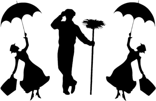 Pack of 6 Flying Nanny Silhouette Waterproof Decal - Use On, Car Bumper Sticker, Light Switch Laptops, Water Bottles, Scrapbooking (Small, Black)