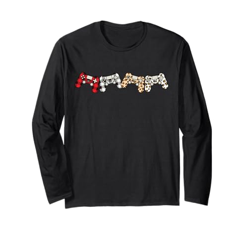 Video Games Controller Christmas Gaming Leopard Plaid Xmas Long Sleeve T-Shirt