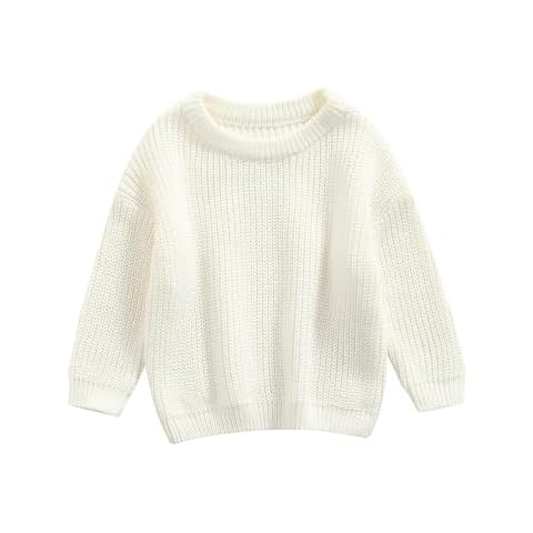 Pivanzore Baby Girl Boy Toddler Knit Sweater Cute Round Neck Long Sleeve Blouse Pullover Oversized Sweatshirt Warm Kids Tops White Cover