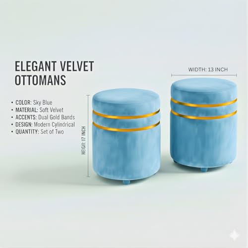 Image of Decorative Ottoman Pouffes for Sitting - Two-Piece Set of Puffy Stools and Footstools - Round Ottoman Stool for Living Room Furniture (Sky Blue)